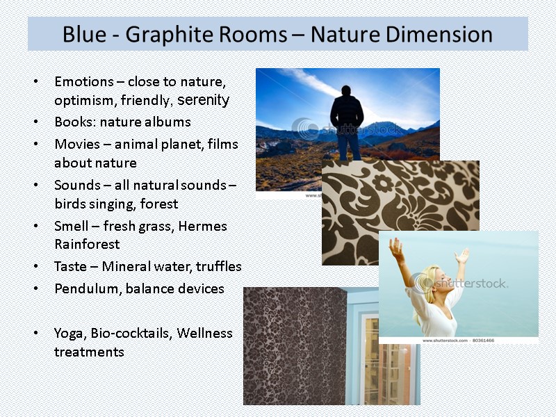 Blue - Graphite Rooms – Nature Dimension Emotions – close to nature, optimism, friendly,